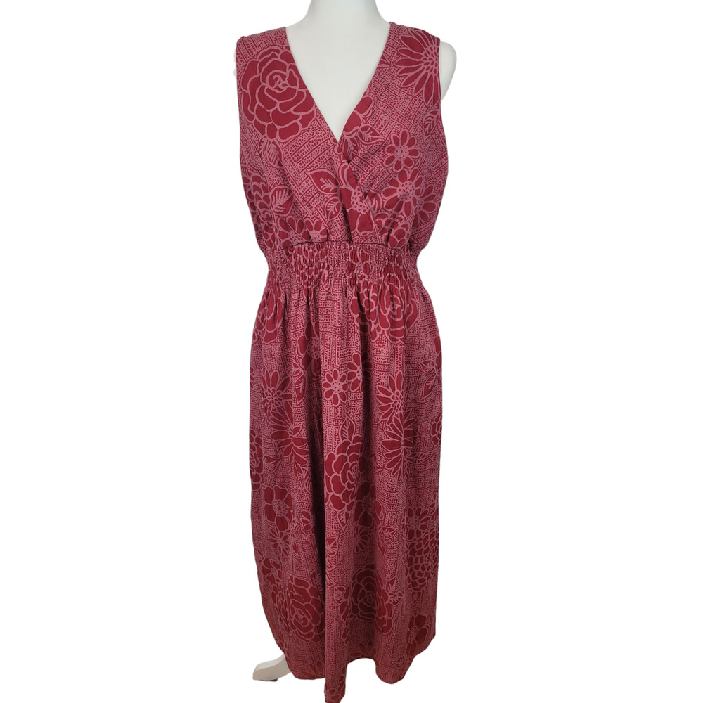 Eddie Bauer Women's Red Floral Batik V Neck Sleeveless Midi Dress Sundress XL